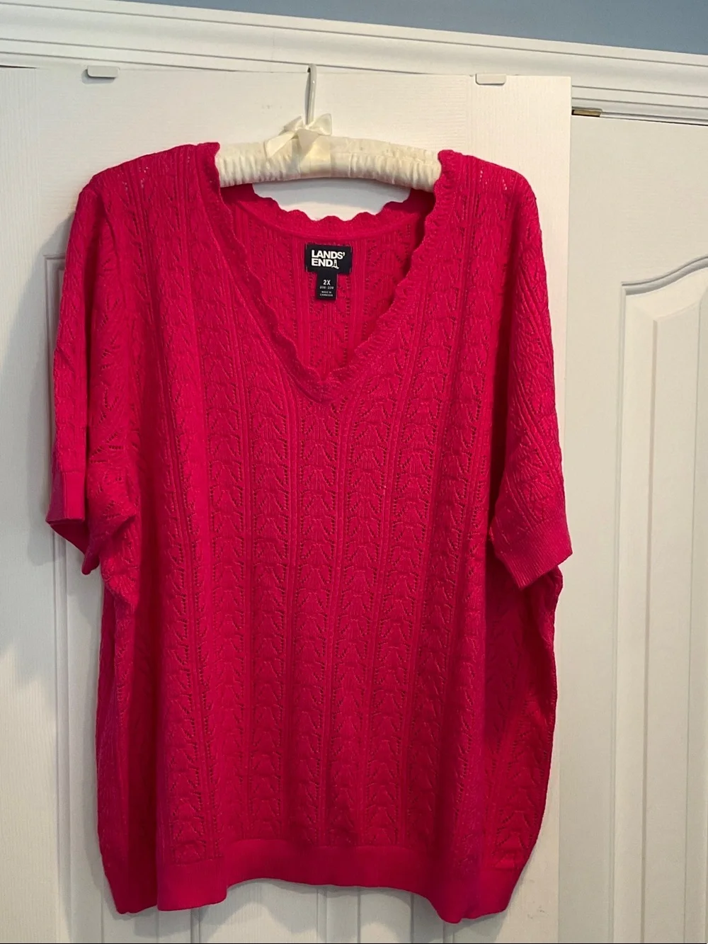 Lands' End Bright Pink V-Neck Short Sleeve Sweater